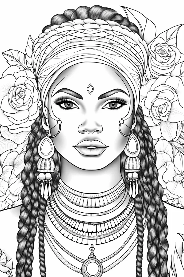 African woman in ethnic style with braided hair and traditional accessories, surrounded by detailed roses and leaves — free printable africa coloring book page