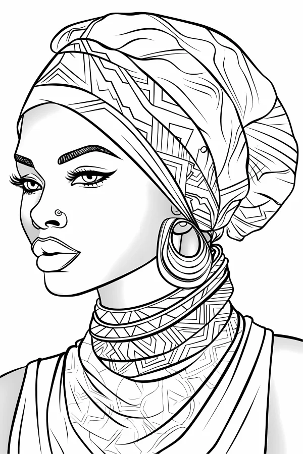 African woman wearing traditional headwrap and ethnic jewelry, african style — free printable african culture coloring book page