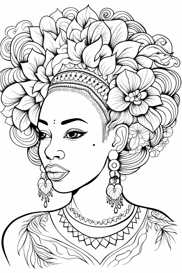 Coloring book page, african-style woman with floral headdress and curly hair — free printable african culture coloring book page