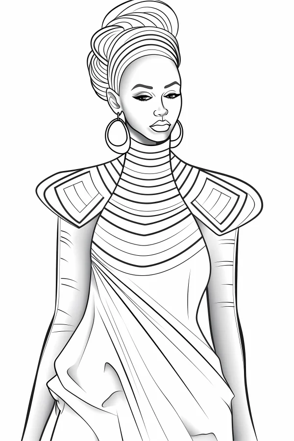 African style fashion woman with updo hair and large hoop earrings, european and american fashion illustration style — free printable african culture coloring book page