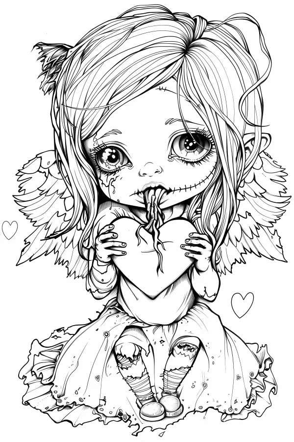 Dark stitched angel zombie doll with animal ears and tattered wings, gothic cartoon style — free printable dark coloring book page
