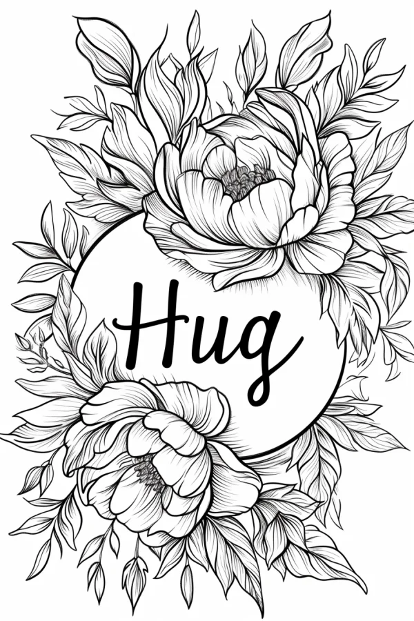 Peony flowers surrounding the word 'hug', realistic line art style — free printable other life themes coloring book page
