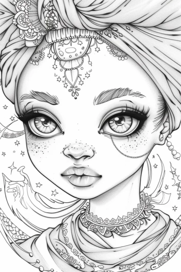Coloring book page, big-eyed fantasy girl with bohemian headwrap and decorative choker — free printable bohemian coloring book page
