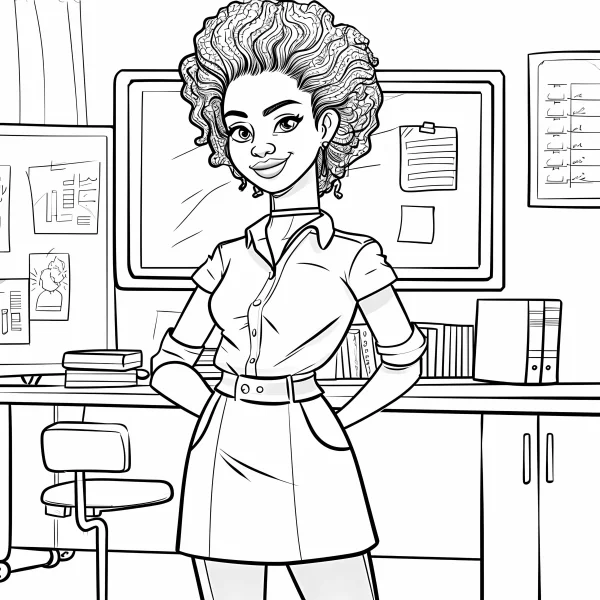 Curly-haired female office worker in office setting, cartoon style — free printable work coloring book page