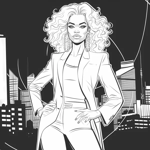 Stylish urban woman in business suit, modern illustration style — free printable urban life coloring book page