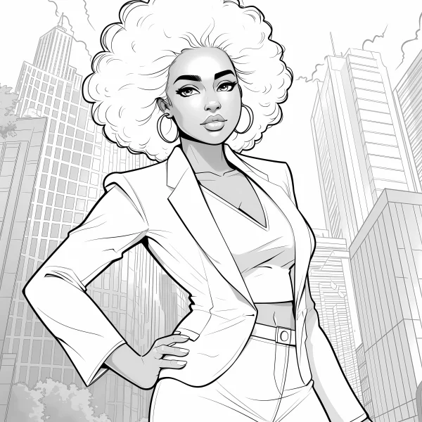Stylish urban professional woman with afro hairstyle, cartoon style — free printable work coloring book page