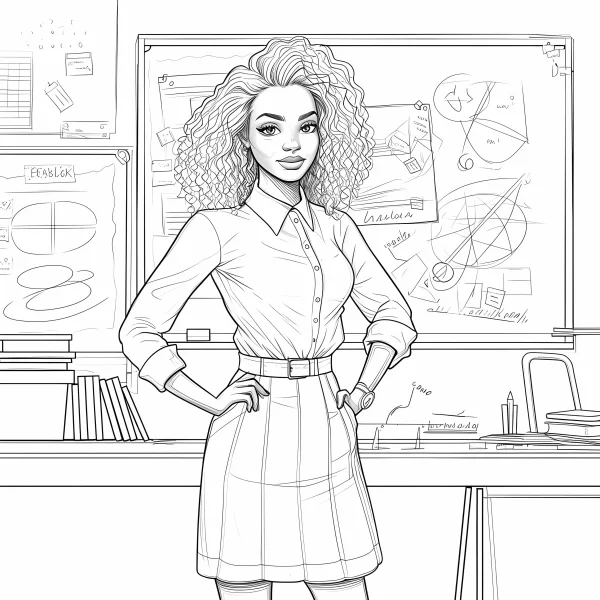 Female teacher with curly hair standing in classroom, cartoon style — free printable learning coloring book page