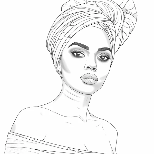 Elegant woman with african-style turban, realistic illustration style — free printable african culture coloring book page