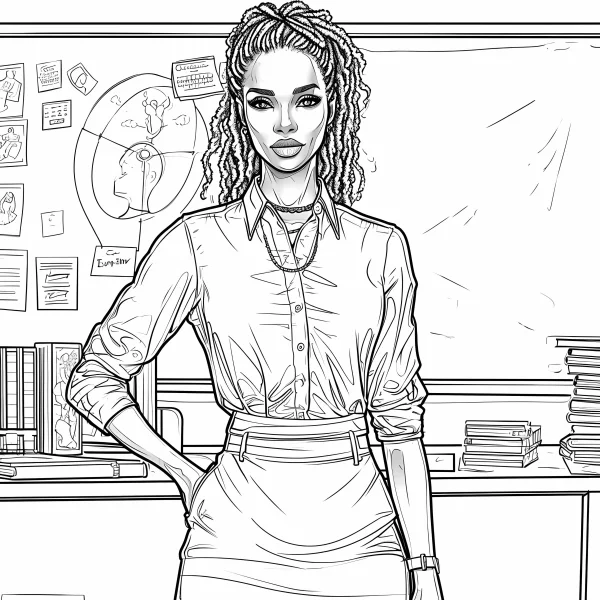 Female teacher with braided hair standing in classroom, realistic illustration style — free printable learning coloring book page