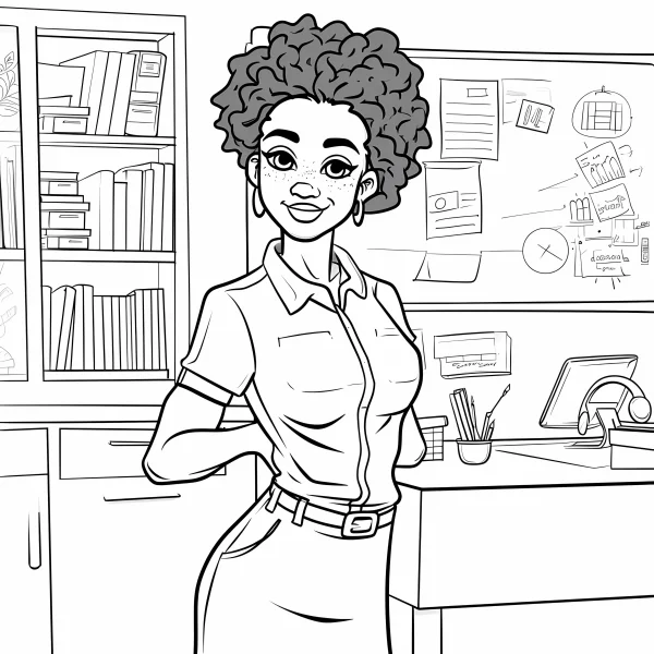 Office worker woman with curly hair, cartoon style — free printable work coloring book page