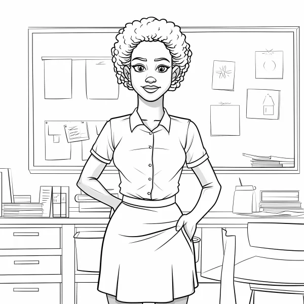 Female teacher in classroom, cartoon style — free printable work coloring book page