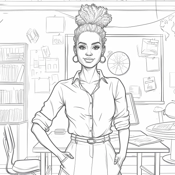 Office professional woman with afro hairstyle, realistic illustration style — free printable work coloring book page
