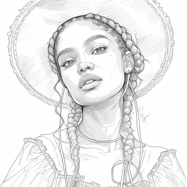 Braided girl with wide-brimmed hat, realistic illustration style — free printable latin america coloring book page