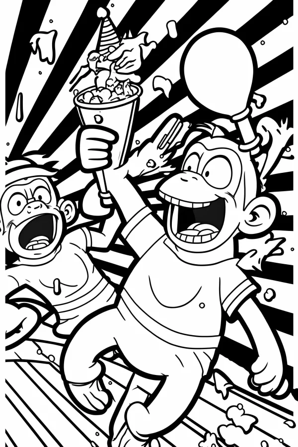 Playful cartoon monkeys at a lively party, one monkey holding a popcorn bucket with a party hat — free printable party coloring book page
