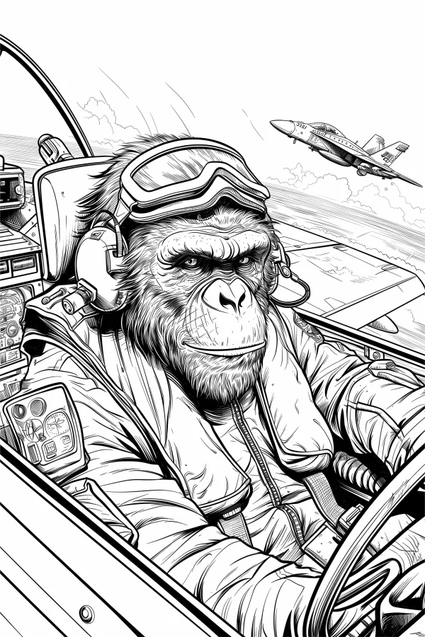 Pilot chimpanzee in fighter jet cockpit, realistic line art style — free printable occupation coloring book page