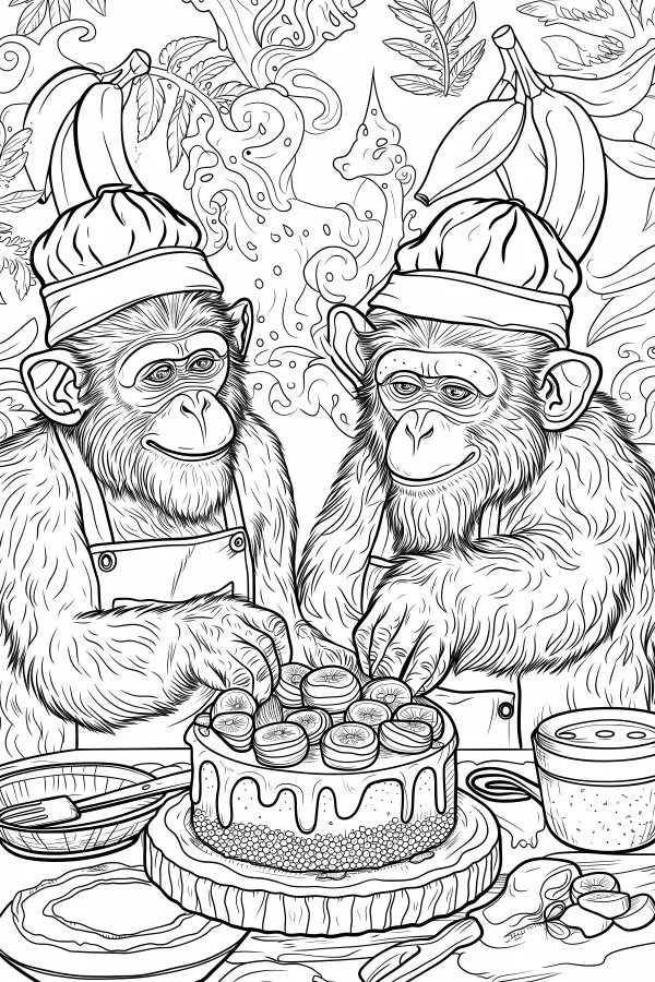 Coloring book page, two anthropomorphic chef monkeys decorating a cake — free printable cooking coloring book page