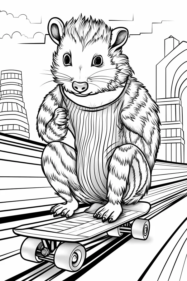 Hamster wearing sweater riding skateboard, cartoon style — free printable city life coloring book page