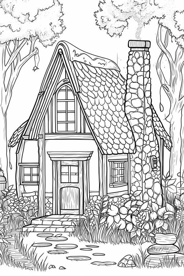 Fairy tale forest cottage, cartoon fairy tale style — free printable countryside coloring book page