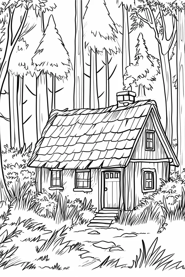Forest cabin in a dense woodland, fine clean outlines — free printable country cabin coloring book page