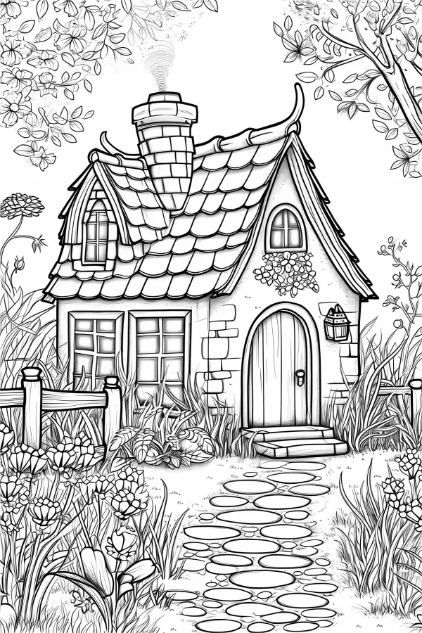 Fairy tale countryside cottage, cartoon and fairy tale style — free printable pastoral coloring book page