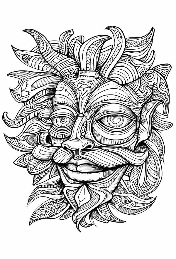 Anthropomorphic totem sun god with beard, tribal totem style — free printable indigenous culture coloring book page