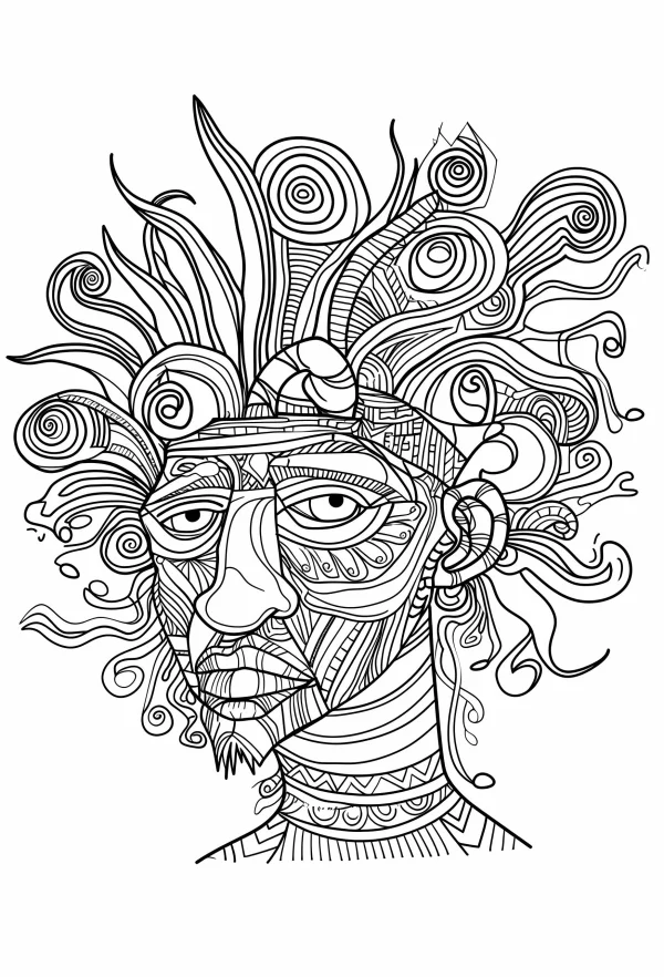 Coloring book page, indigenous style zentangle portrait — free printable indigenous coloring book page