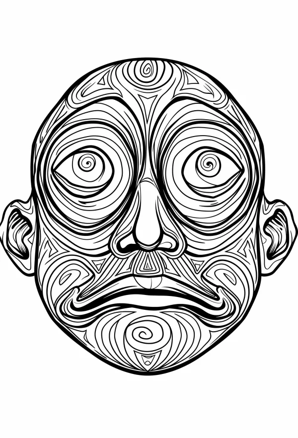 Tribal spiral face, abstract tribal art style — free printable indigenous coloring book page