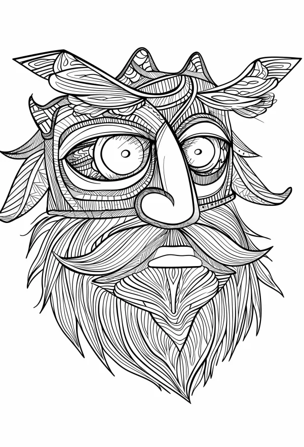 Coloring book page, tribal totem mask with long beard — free printable indigenous coloring book page