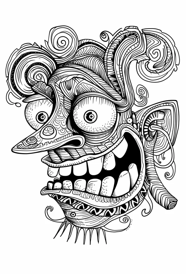 Weird tribal totem mask, zentangle art style — free printable culture coloring book page