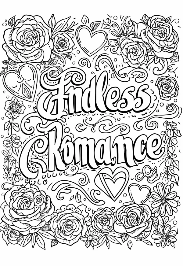 Decorative art style 'endless romance' lettering surrounded by detailed roses and hearts, fine flowing organic lines with swirl patterns — free printable romance coloring book page