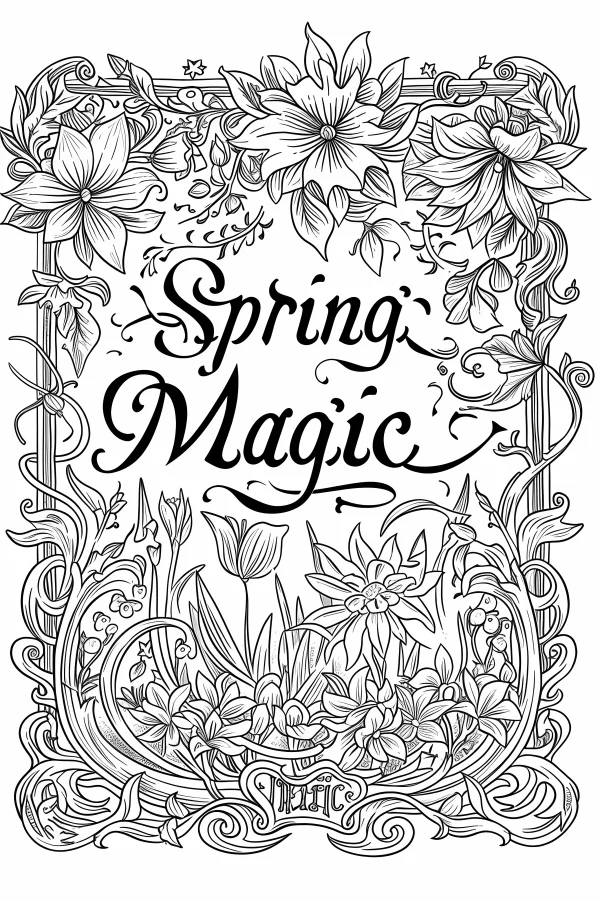 Decorative spring floral patterns with vines, art nouveau style — free printable spring coloring book page