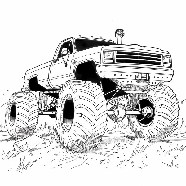 Bigfoot monster truck, realistic line art — free printable outdoor coloring book page