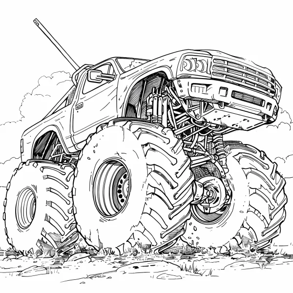Monster truck with huge off-road tires, realistic line art style — free printable vehicles coloring book page