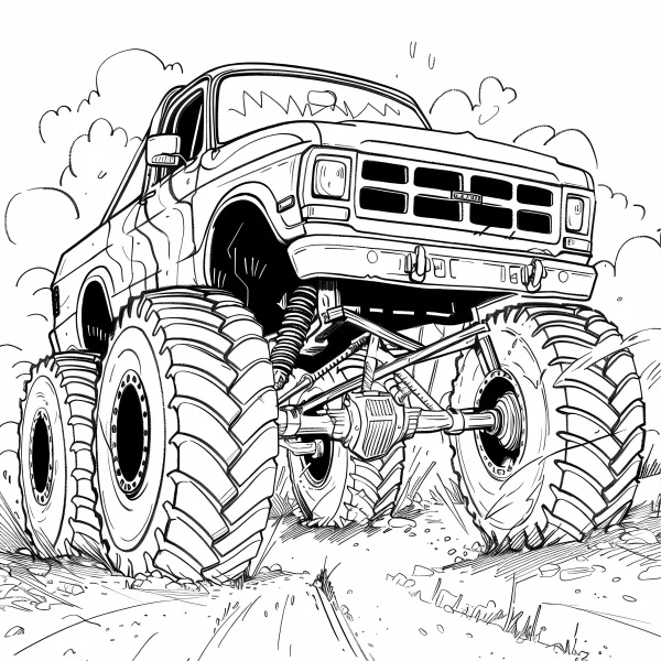 Monster truck with giant tires, cartoon sketch style — free printable outdoor coloring book page