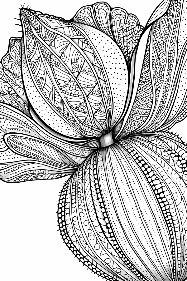Zendoodle style flower, intricate symmetrical line art with repetitive organic patterns — free printable zen coloring book page