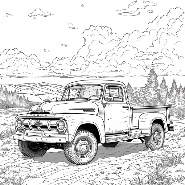 Vintage ford pickup truck, realistic retro style — free printable outdoor coloring book page