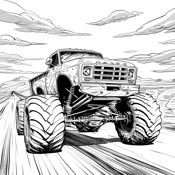 Monster truck driving on a highway, realistic sketch style — free printable outdoor coloring book page