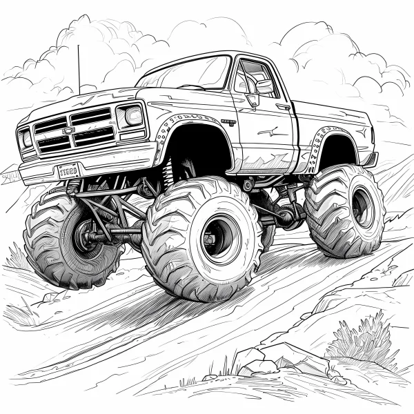 Bigfoot off-road monster truck, realistic style — free printable outdoor coloring book page