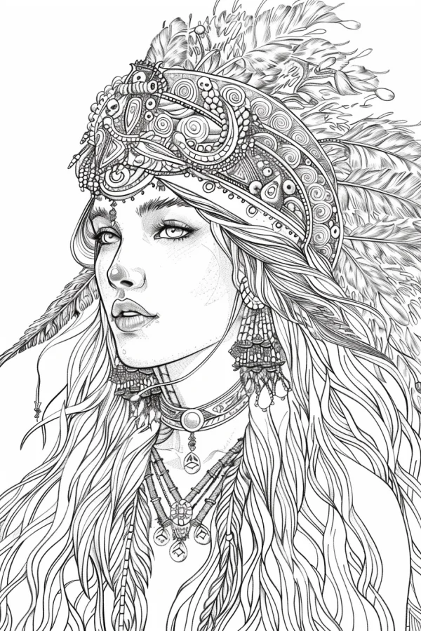 Indigenous style woman with feather headdress, intricate tribal patterns and detailed jewelry — free printable indigenous coloring book page