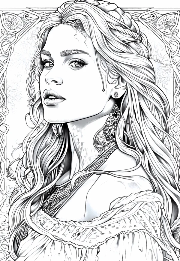 Celtic-style long-haired woman with braids, intricate celtic knot border — free printable celtic culture coloring book page