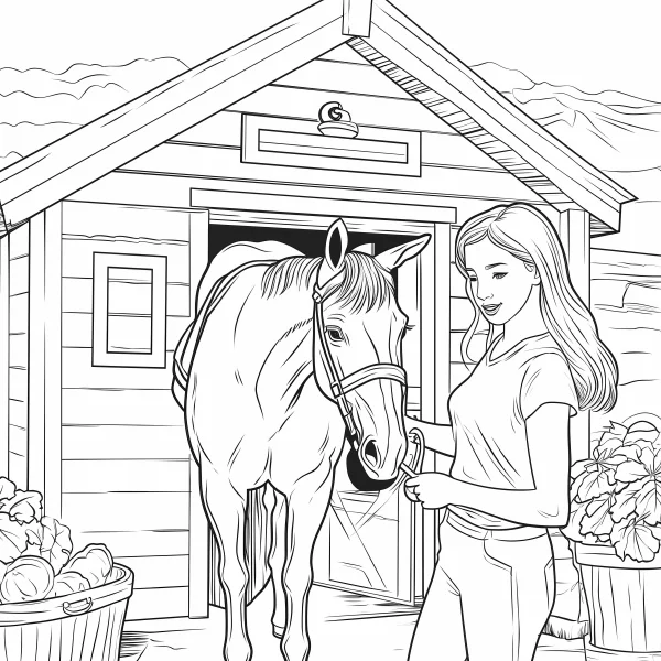 Girl with horse in front of a horse stable, realistic line art — free printable farm life coloring book page