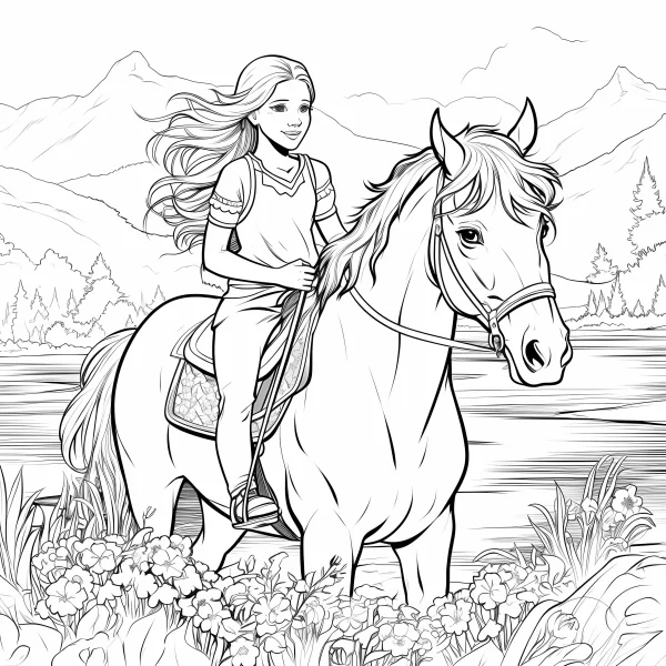 Girl riding a horse, cartoon style — free printable outdoor coloring book page