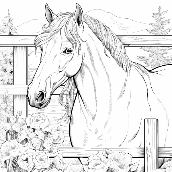 Elegant horse by a wooden fence, realistic line art style — free printable pastoral coloring book page