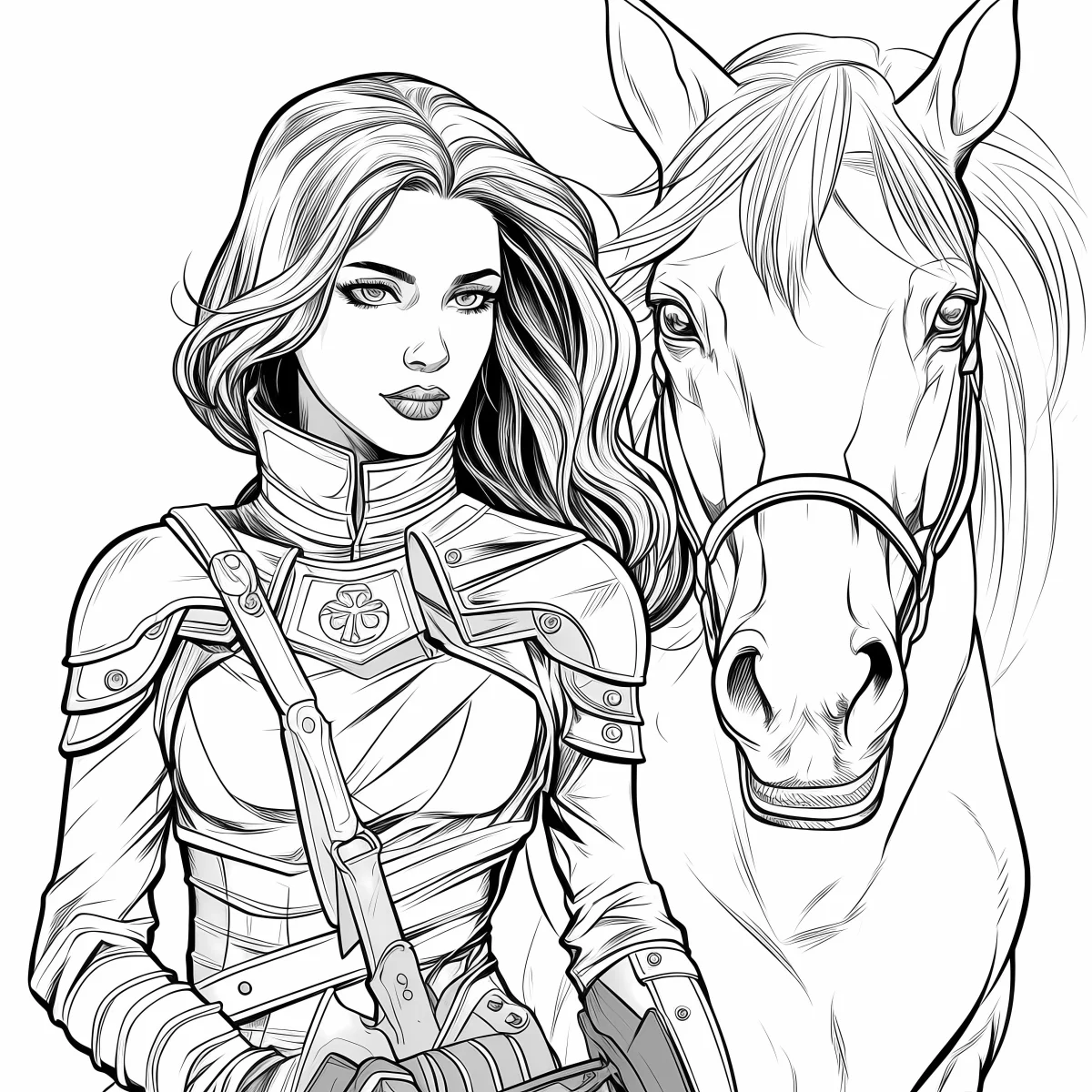 Armored female knight with white horse, fantasy and realistic illustration style — realistic style — moderate detail — line art coloring page — for kids and adults of all ages