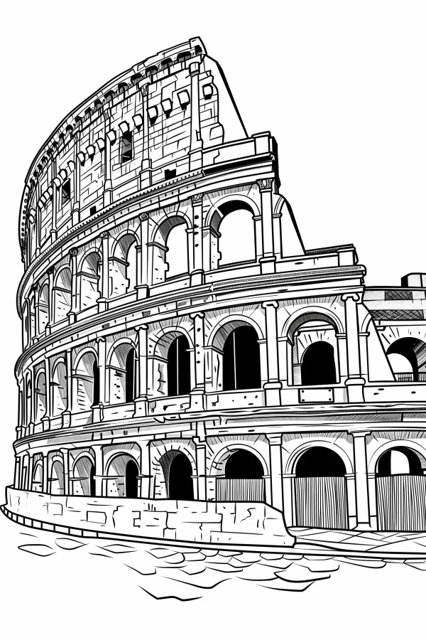 Ancient roman colosseum, realistic sketch style — free printable historical architecture coloring book page