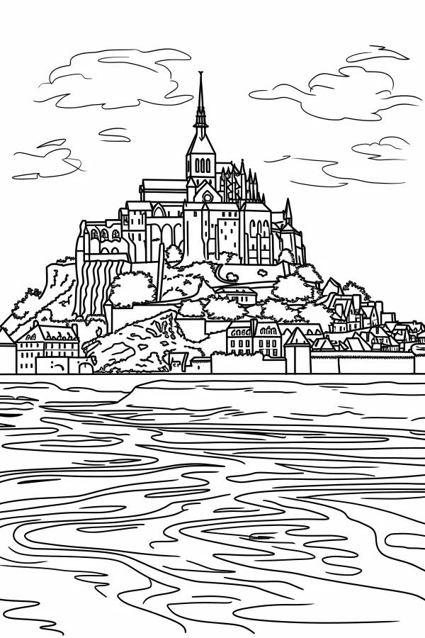 Coastal castle complex, realistic illustration style — free printable castle coloring book page