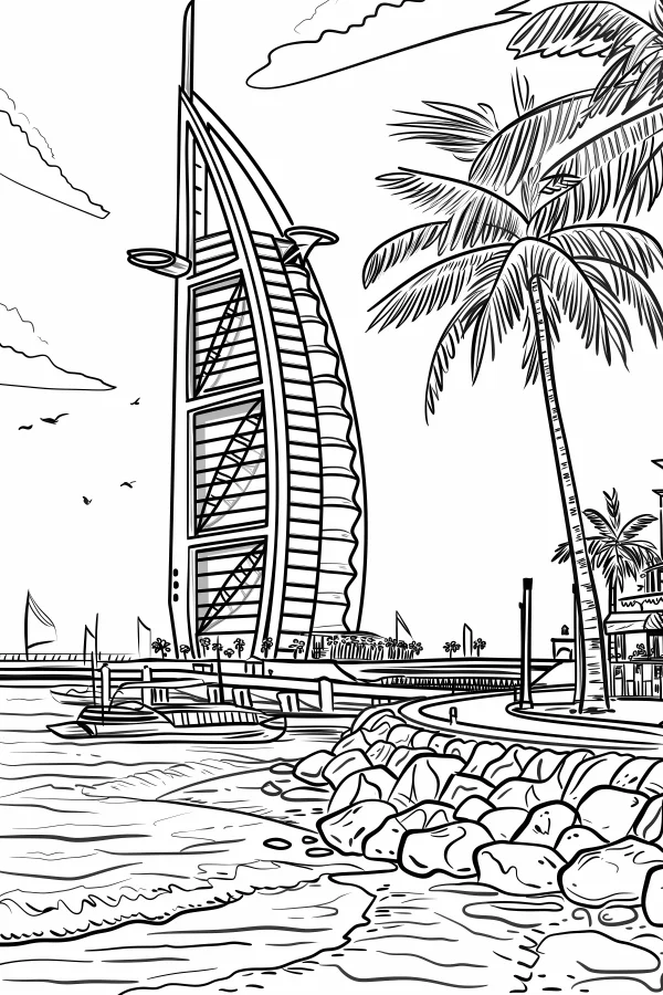 Burj al arab seaside landscape, realistic line art style — free printable urban architecture coloring book page