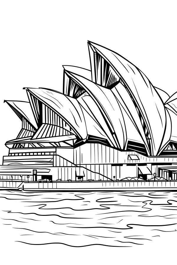 Sydney opera house by the sea, realistic line art style — free printable urban scenery coloring book page