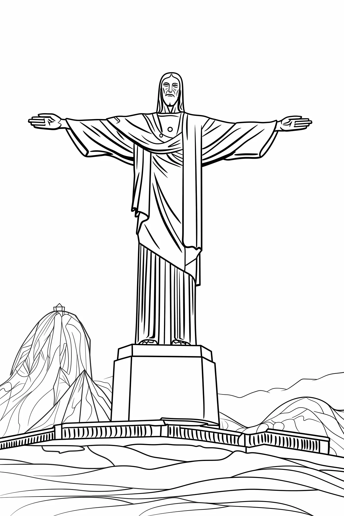 Christ the redeemer statue, realistic style — realistic style — moderate detail — line art coloring page — for kids and adults of all ages