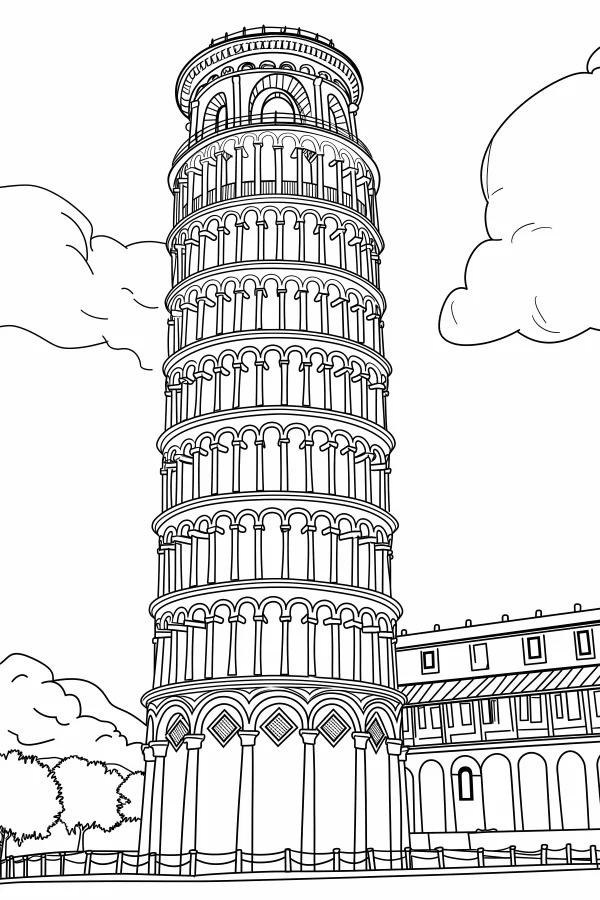 Leaning tower of pisa, realistic illustration style — free printable landmarks coloring book page